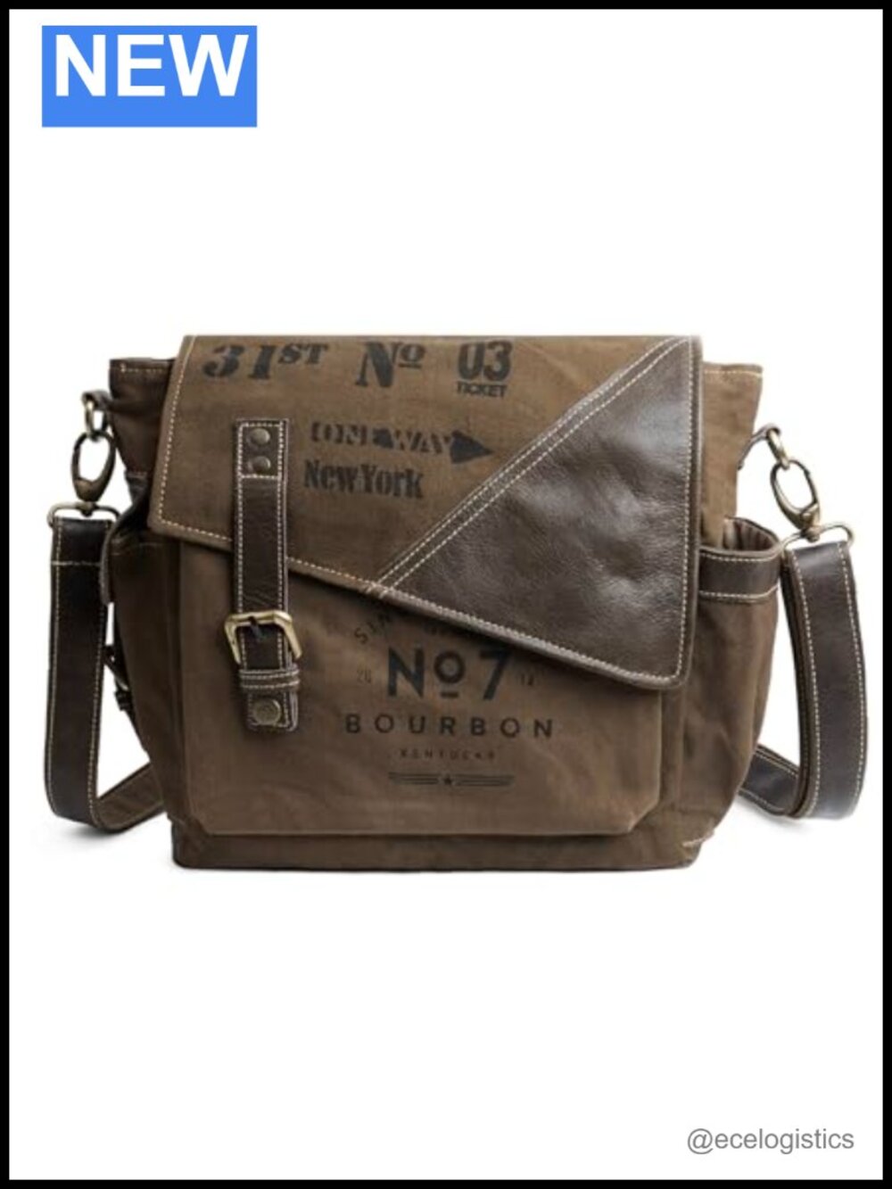Upcycled Canvas & Leather Messenger Crossbody Bag with Multiple Pockets